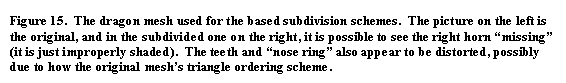 Text Box: Figure 15. The dragon mesh used for the based subdivision schemes. The picture on the left is the original, and in the subdivided one on the right, it is possible to see the right horn